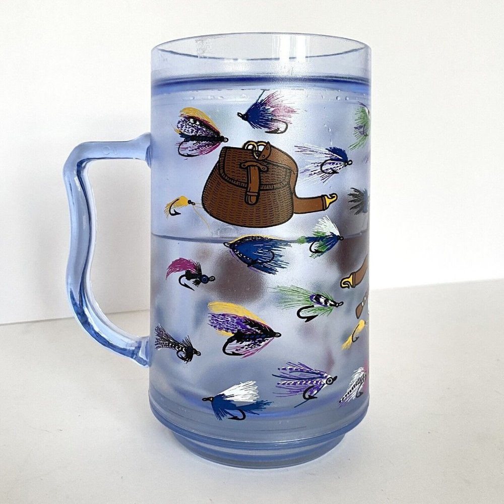 Big Chill Fly Fishing Lures Double Wall  Handled Blue Freezer Beer Mug 16oz